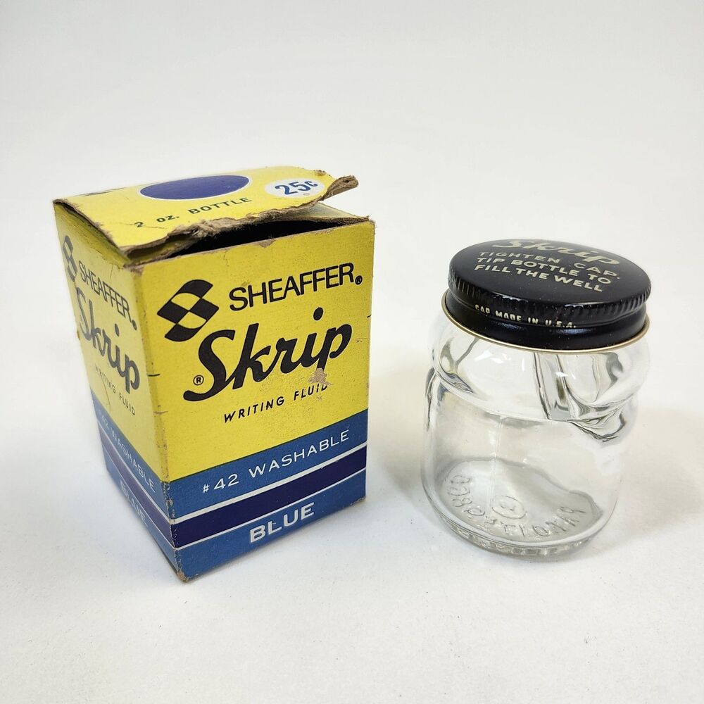 Sheaffer Skrip #42 Blue Ink Writing Fluid Empty Jar Bottle Box Vintage Antique